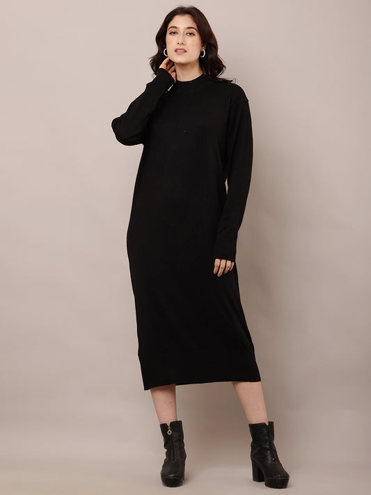 Viscose Full Sleeve with Turtle Neck Black Straight Dress