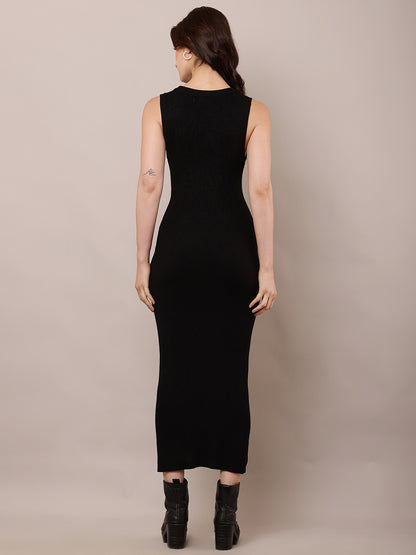 Viscose Round Neck with Sleeveless Bodycon Black Dress