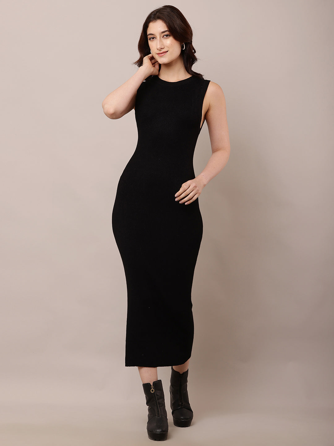 Viscose Round Neck with Sleeveless Bodycon Black Dress