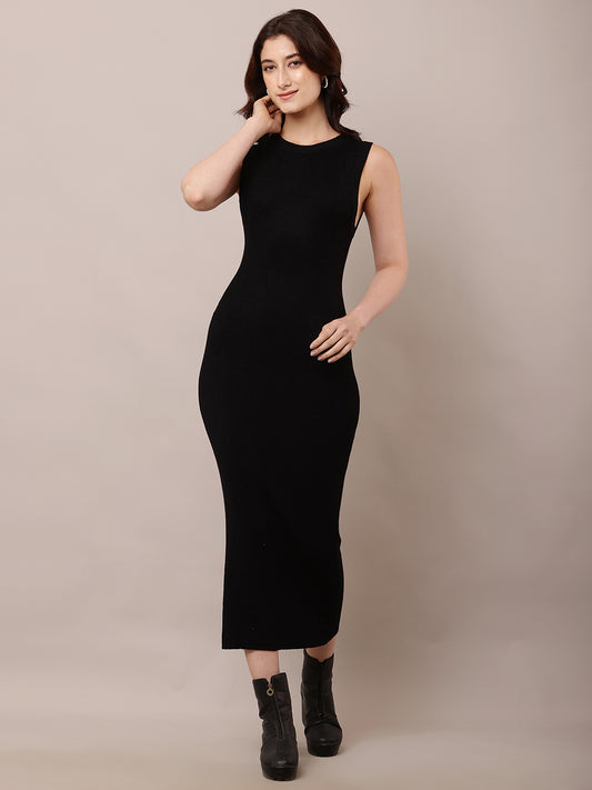 Viscose Round Neck with Sleeveless Bodycon Black Dress