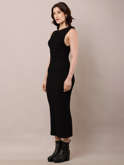 Viscose Round Neck with Sleeveless Bodycon Black Dress