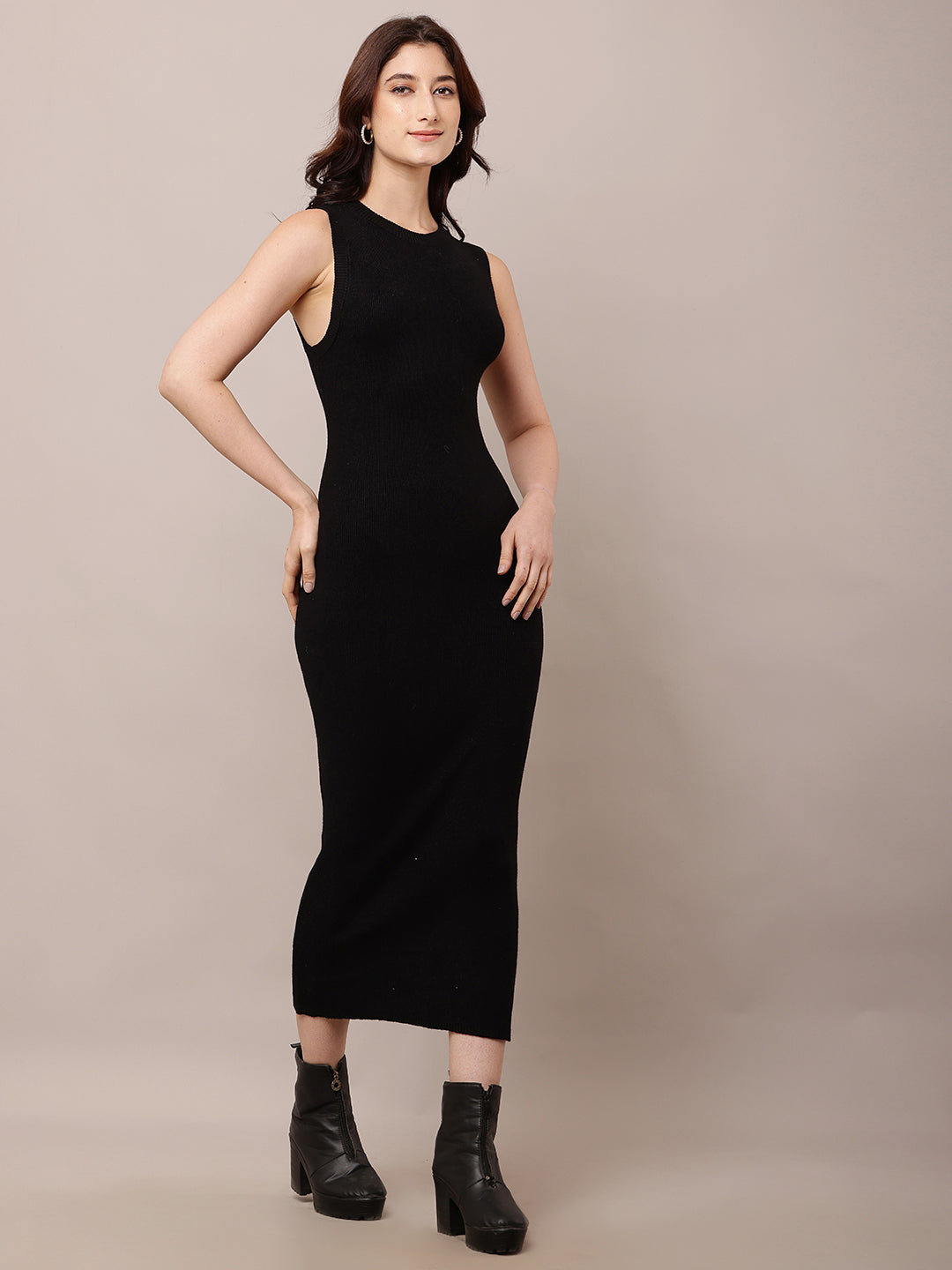 Viscose Round Neck with Sleeveless Bodycon Black Dress