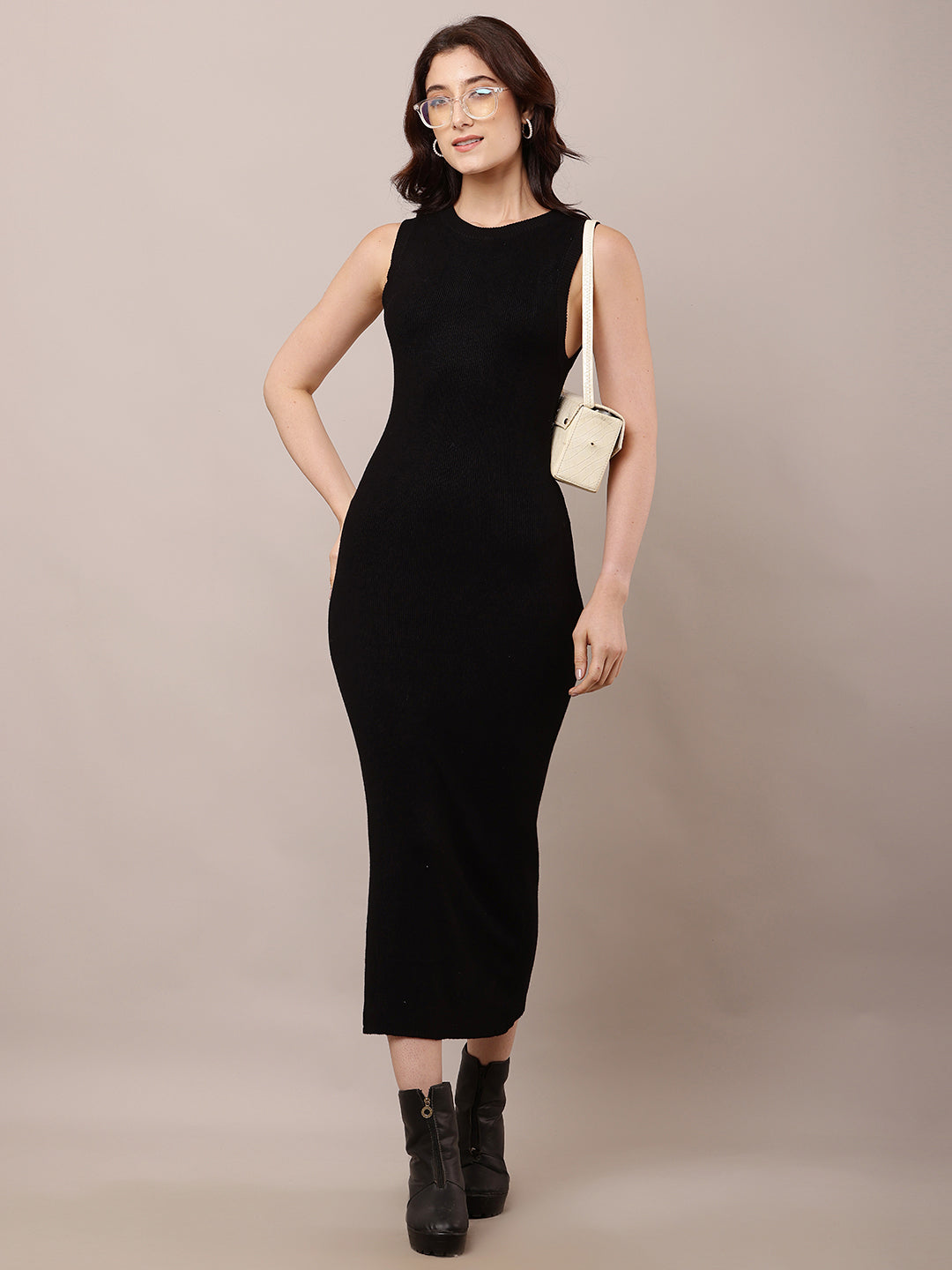 Viscose Round Neck with Sleeveless Bodycon Black Dress