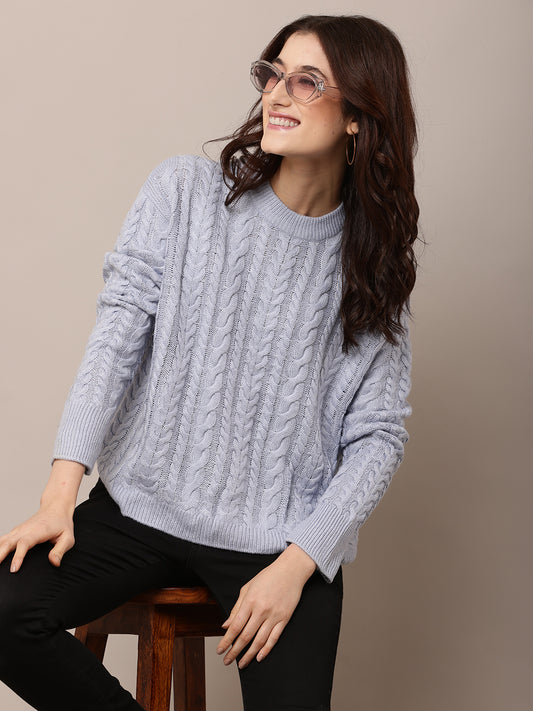 Acrylic Full Sleeve with Round Neck cable knit Blue Sweater