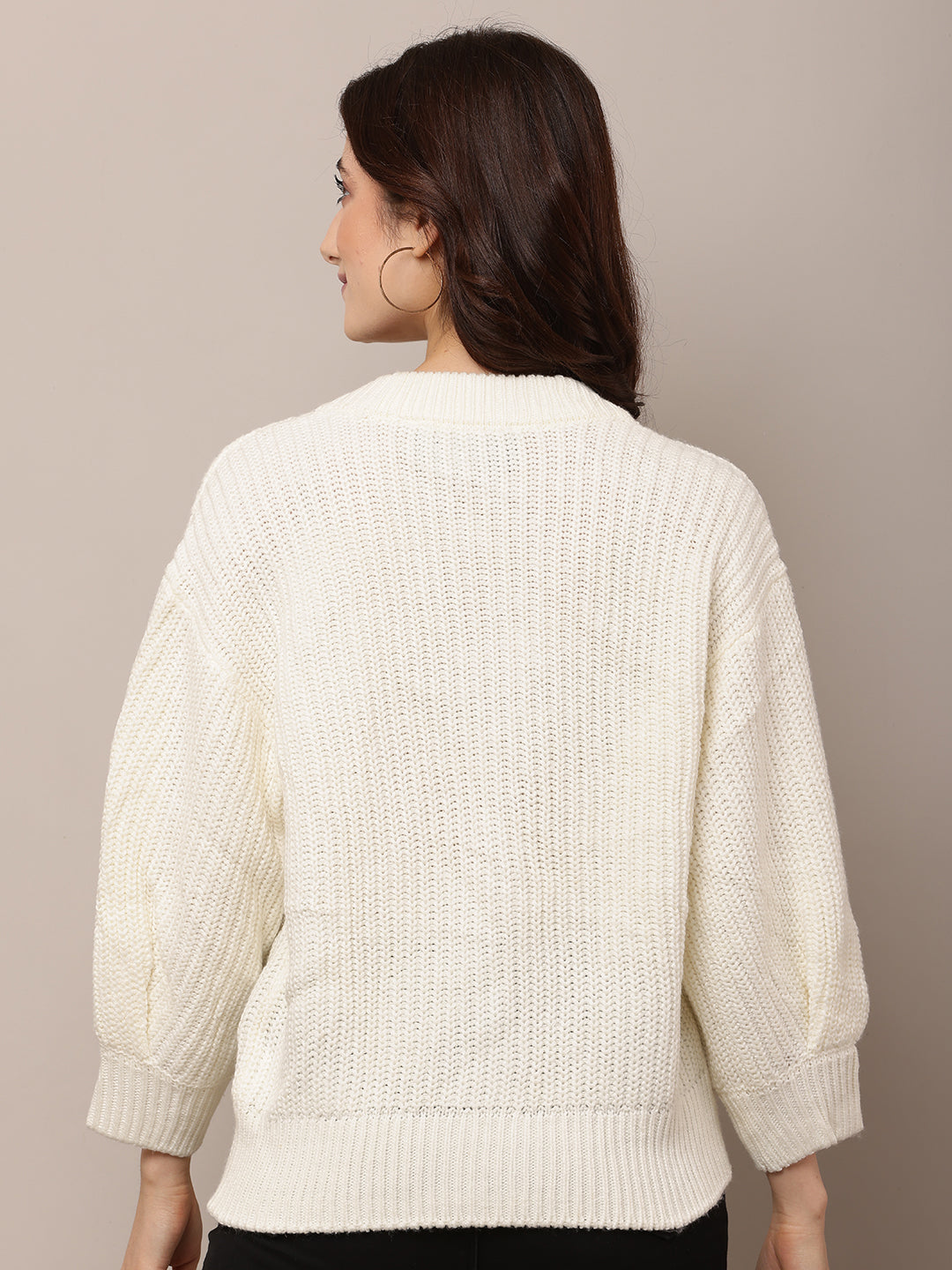 Acrylic Full Sleeve with V-Neck White Cardigan