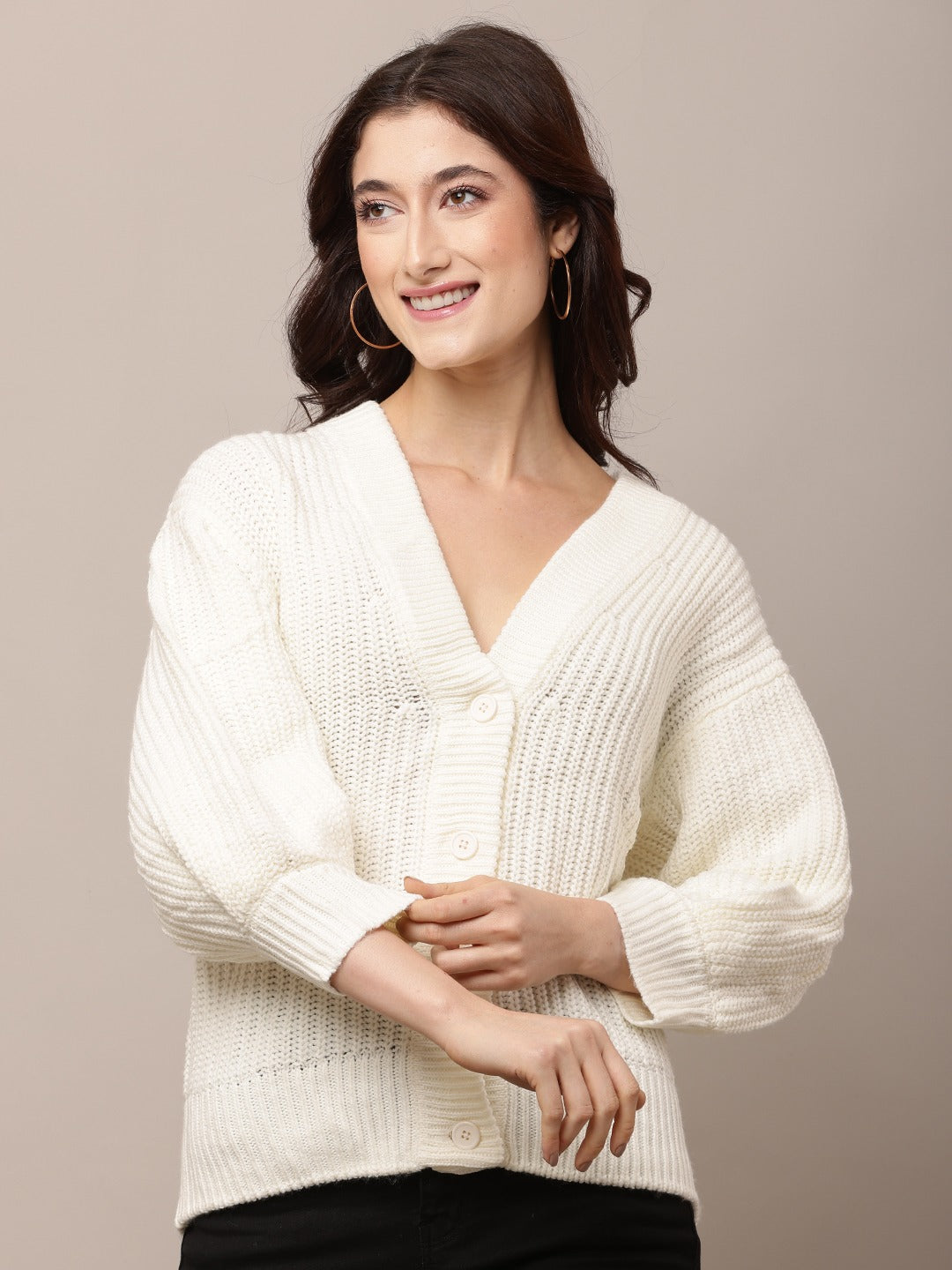 Acrylic Full Sleeve with V-Neck White Cardigan