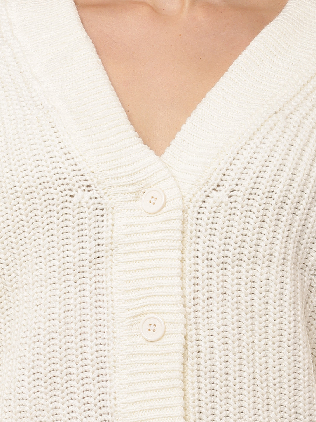 Acrylic Full Sleeve with V-Neck White Cardigan