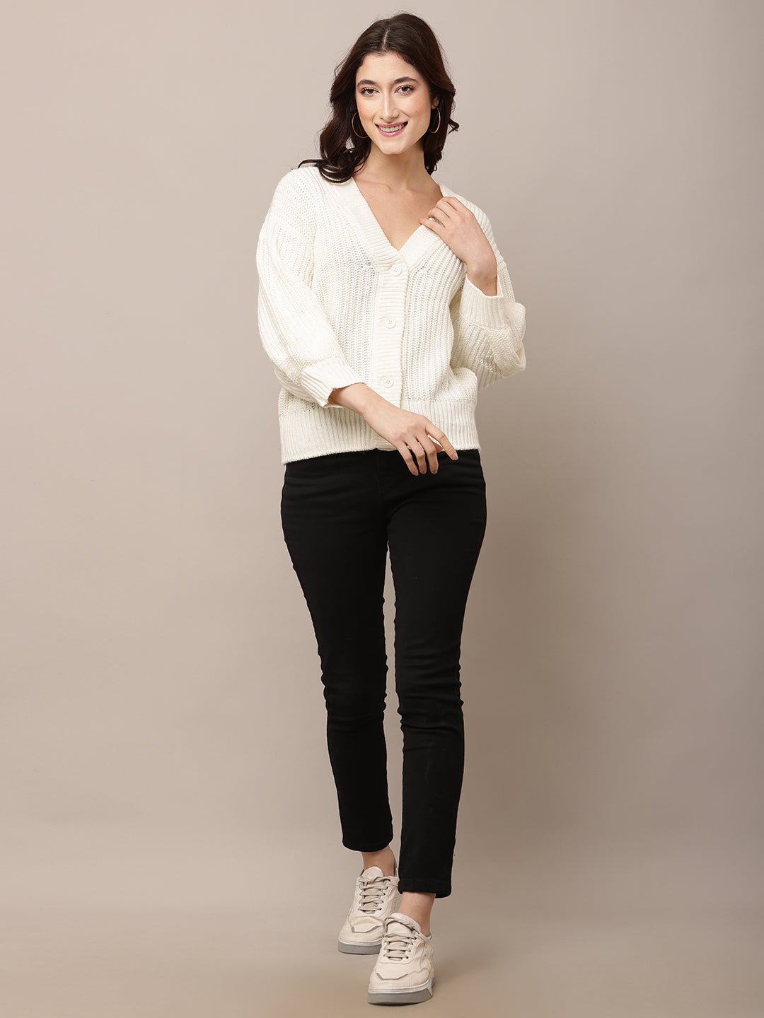 Acrylic Full Sleeve with V-Neck White Cardigan