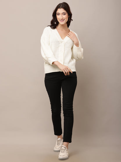 Acrylic Full Sleeve with V-Neck White Cardigan