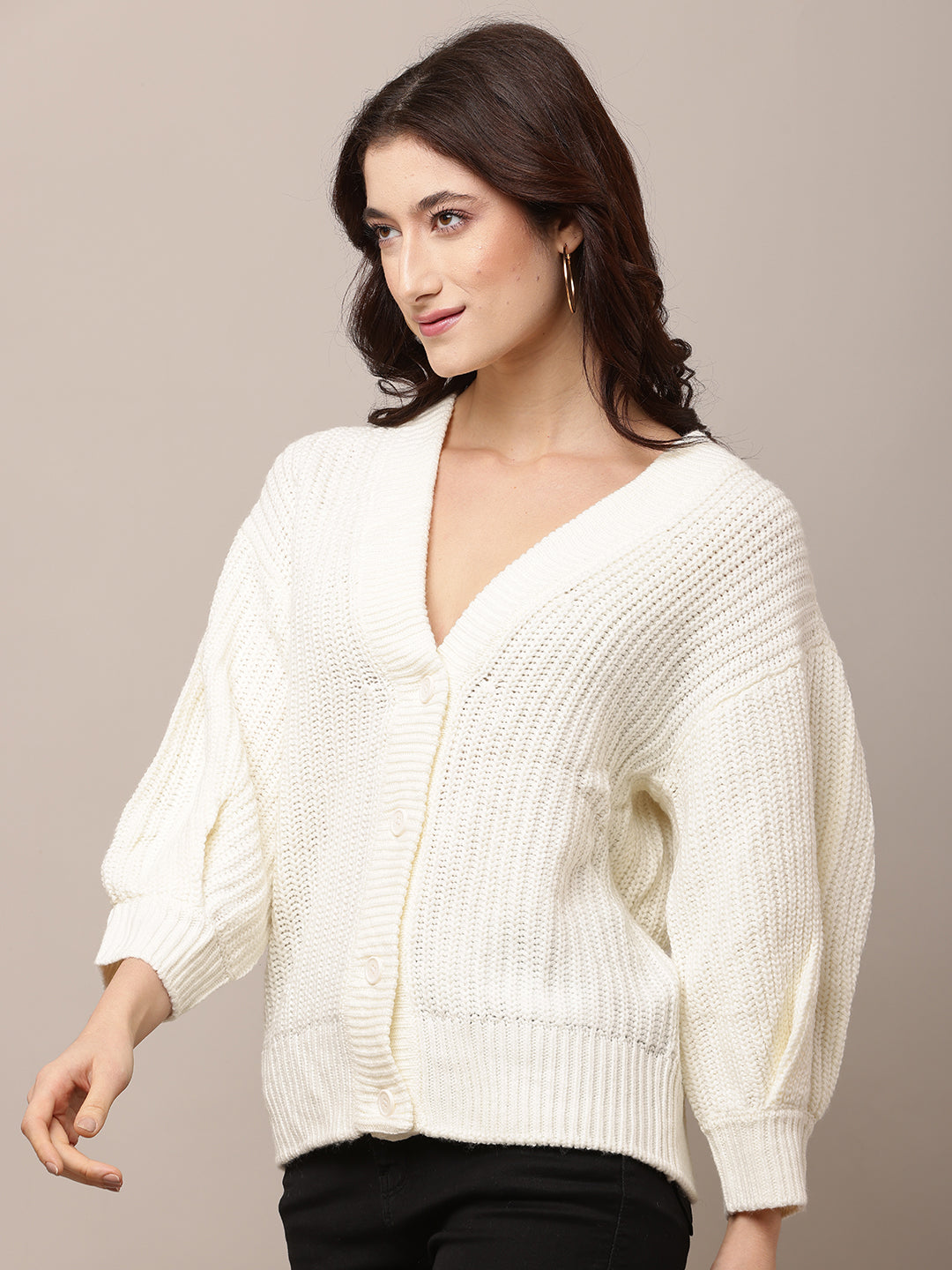 Acrylic Full Sleeve with V-Neck White Cardigan