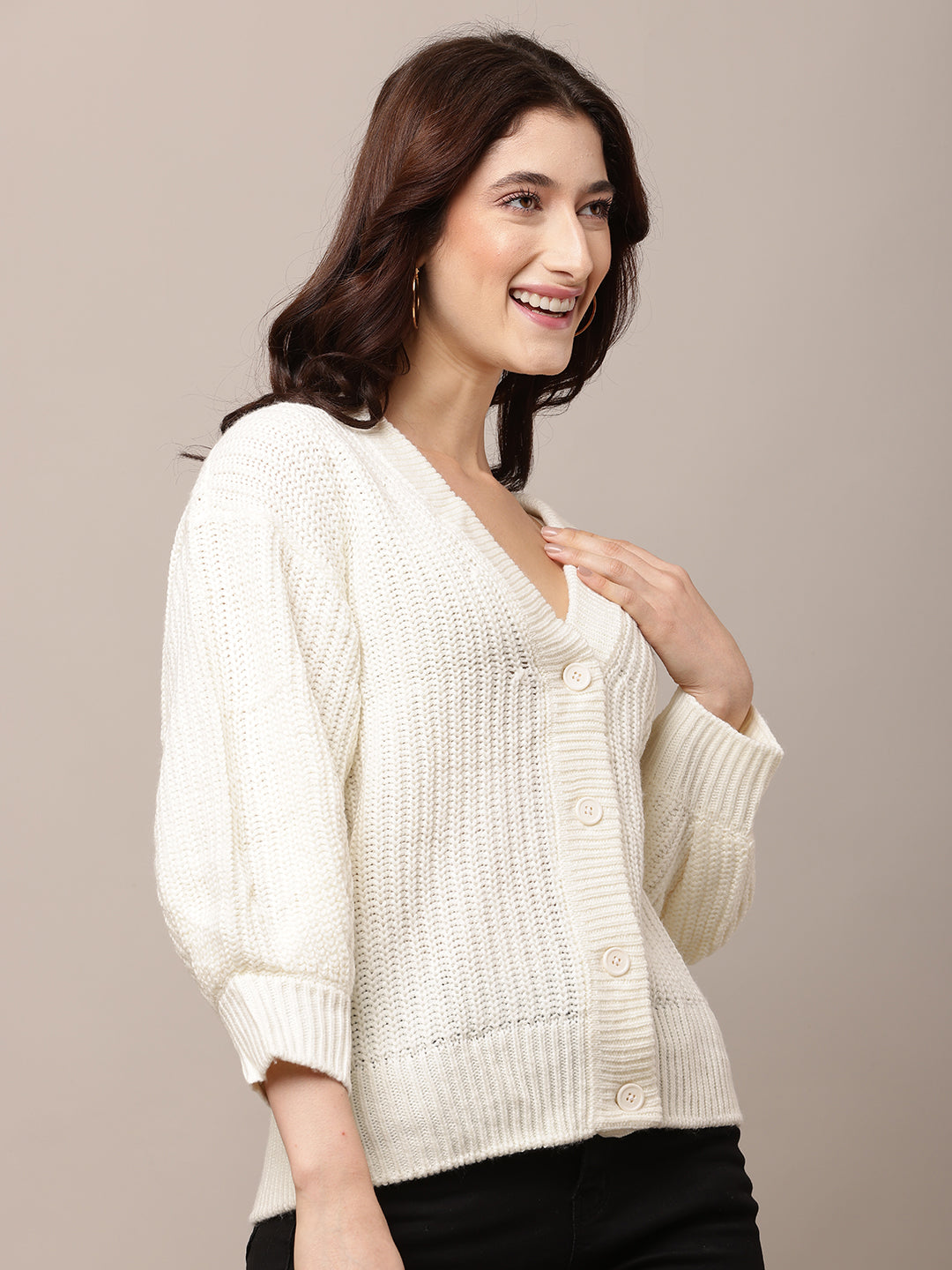 Acrylic Full Sleeve with V-Neck White Cardigan