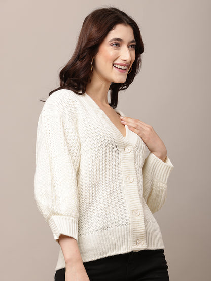Acrylic Full Sleeve with V-Neck White Cardigan