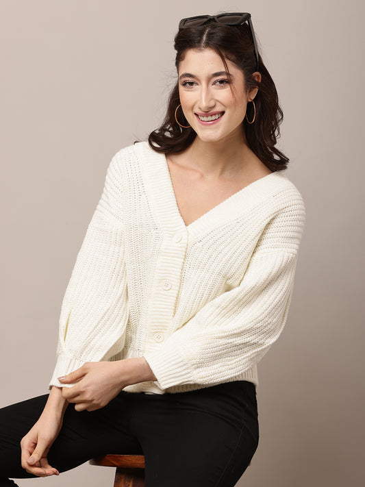 Acrylic Full Sleeve with V-Neck White Cardigan