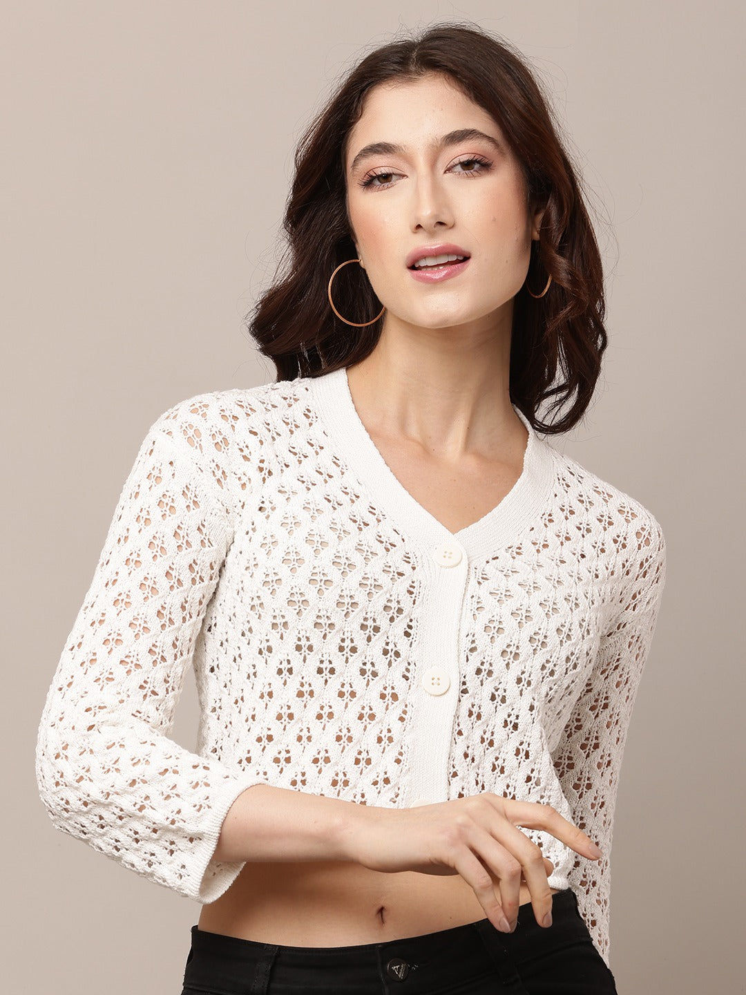 Polyester V-Neck with ¾ Sleeve white Crochet Cardigan