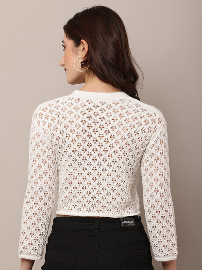Polyester V-Neck with ¾ Sleeve white Crochet Cardigan
