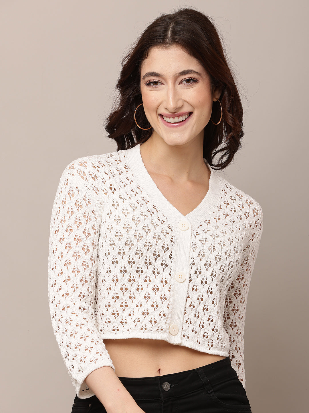 Polyester V-Neck with ¾ Sleeve white Crochet Cardigan