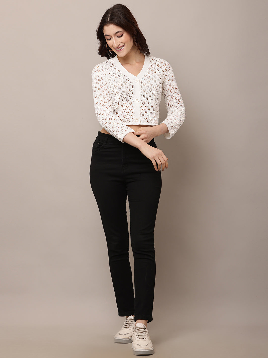 Polyester V-Neck with ¾ Sleeve white Crochet Cardigan
