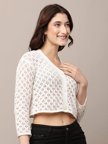 Polyester V-Neck with ¾ Sleeve white Crochet Cardigan