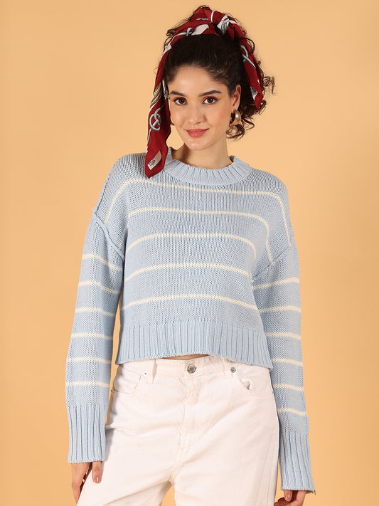 Acrylic Full Sleeve with Round Neck Striped Knit Sweater – Sky Blue & White