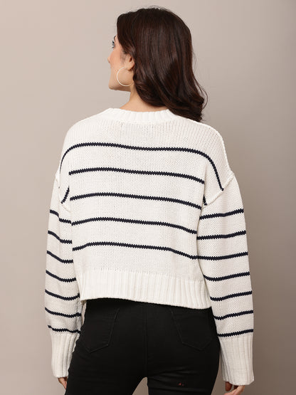 Acrylic Full Sleeve with Round Neck White Baggy Style sweater