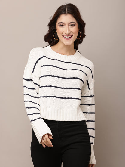 Acrylic Full Sleeve with Round Neck White Baggy Style sweater