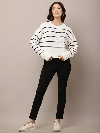 Acrylic Full Sleeve with Round Neck White Baggy Style sweater