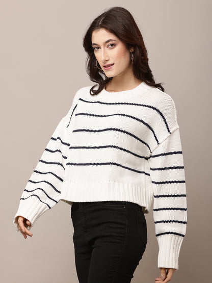Acrylic Full Sleeve with Round Neck White Baggy Style sweater