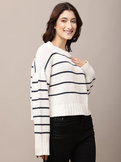 Acrylic Full Sleeve with Round Neck White Baggy Style sweater