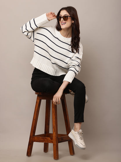 Acrylic Full Sleeve with Round Neck White Baggy Style sweater