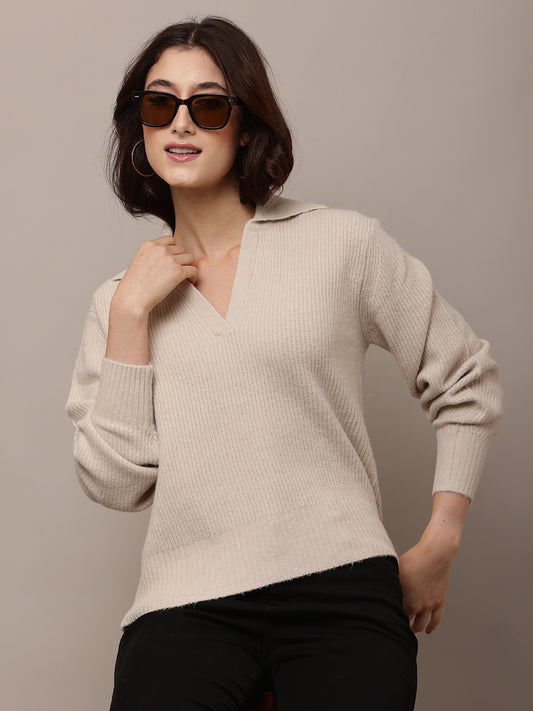 Acrylic Full Sleeve with Shirt Collar V-neck Light Beige Sweater