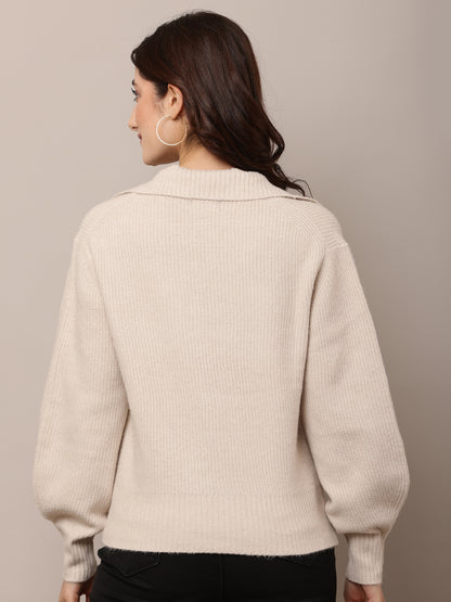 Acrylic Full Sleeve with Shirt Collar V-neck Light Beige Sweater
