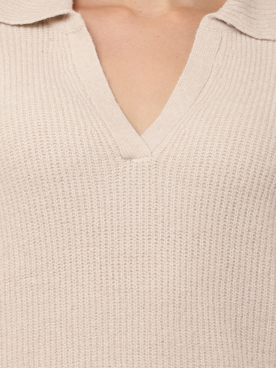 Acrylic Full Sleeve with Shirt Collar V-neck Light Beige Sweater