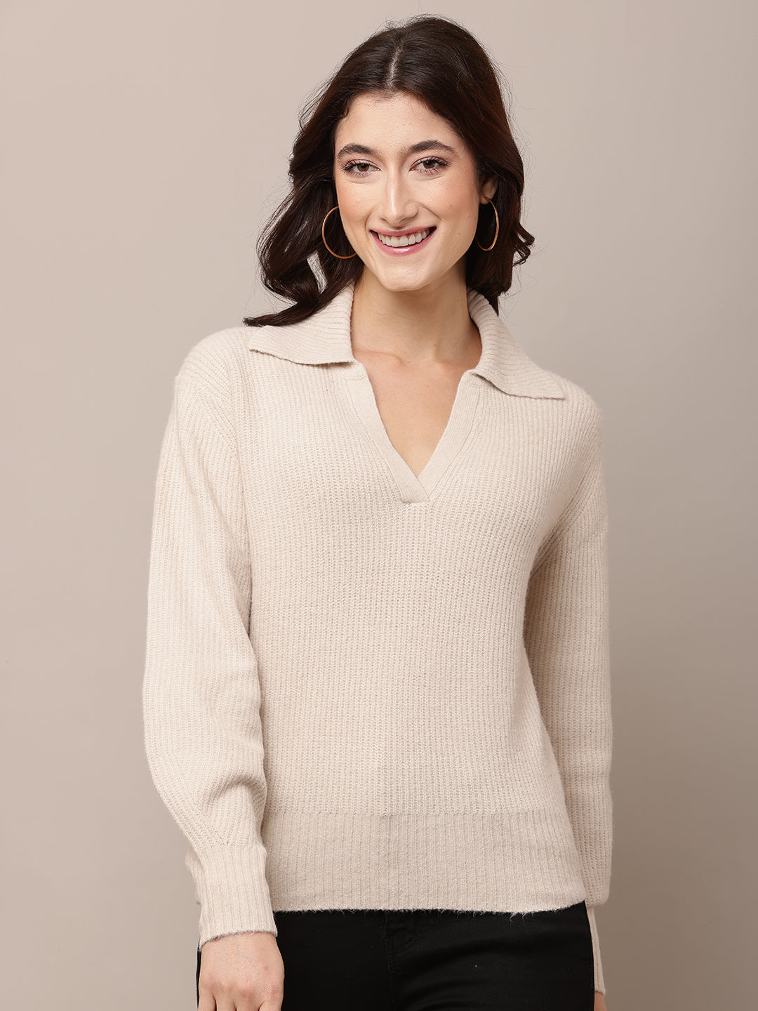 Acrylic Full Sleeve with Shirt Collar V-neck Light Beige Sweater