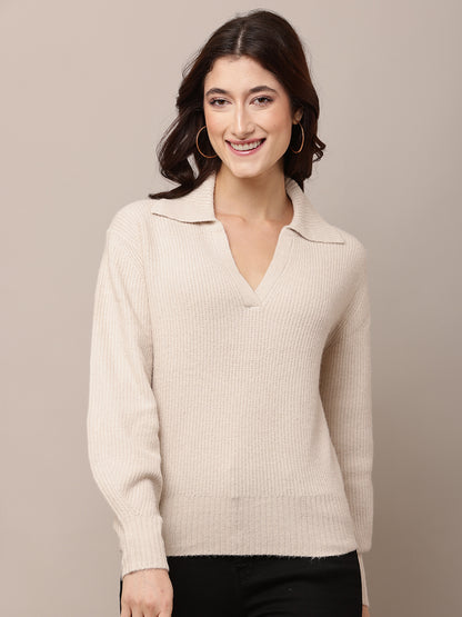 Acrylic Full Sleeve with Shirt Collar V-neck Light Beige Sweater