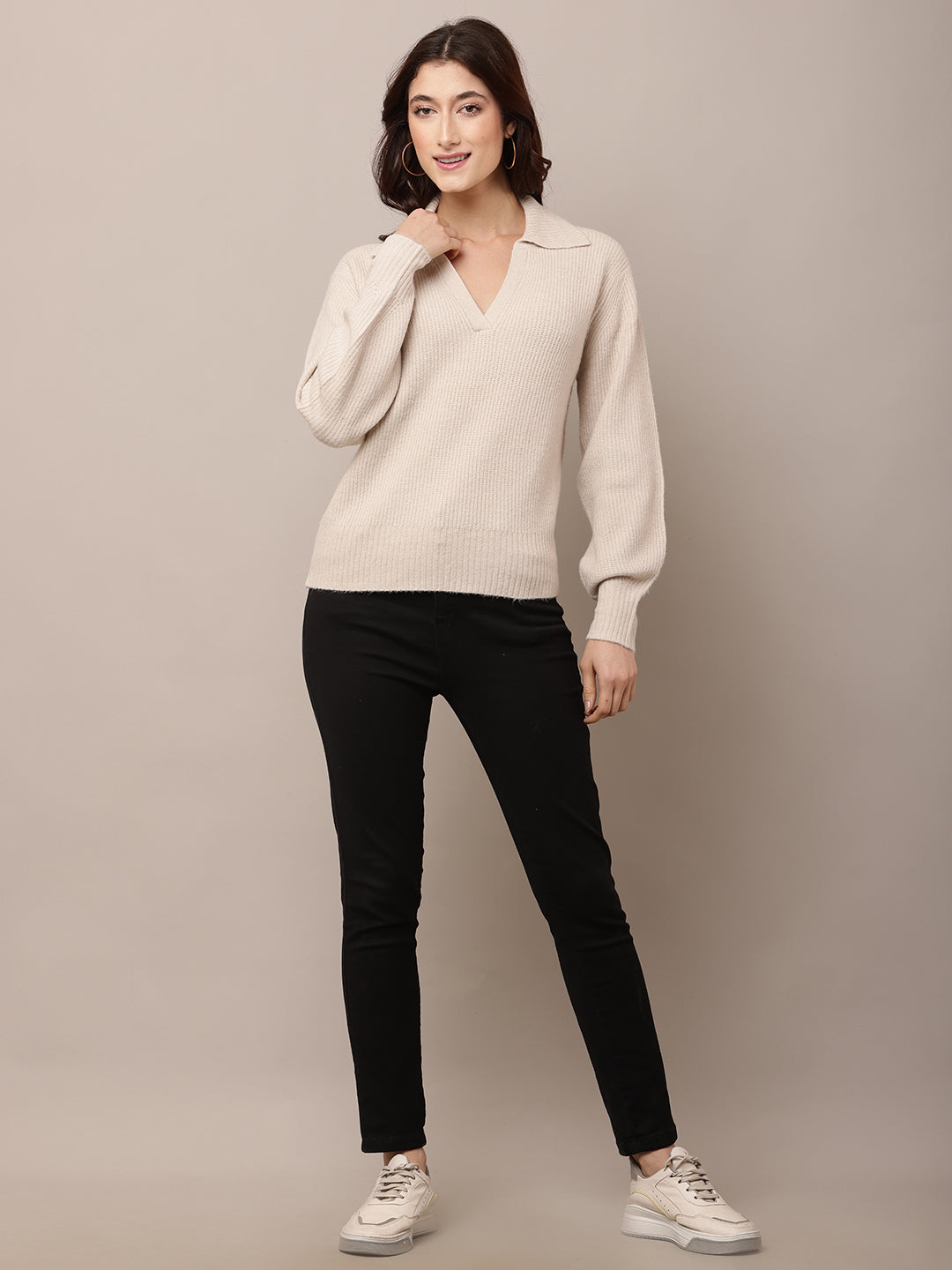 Acrylic Full Sleeve with Shirt Collar V-neck Light Beige Sweater