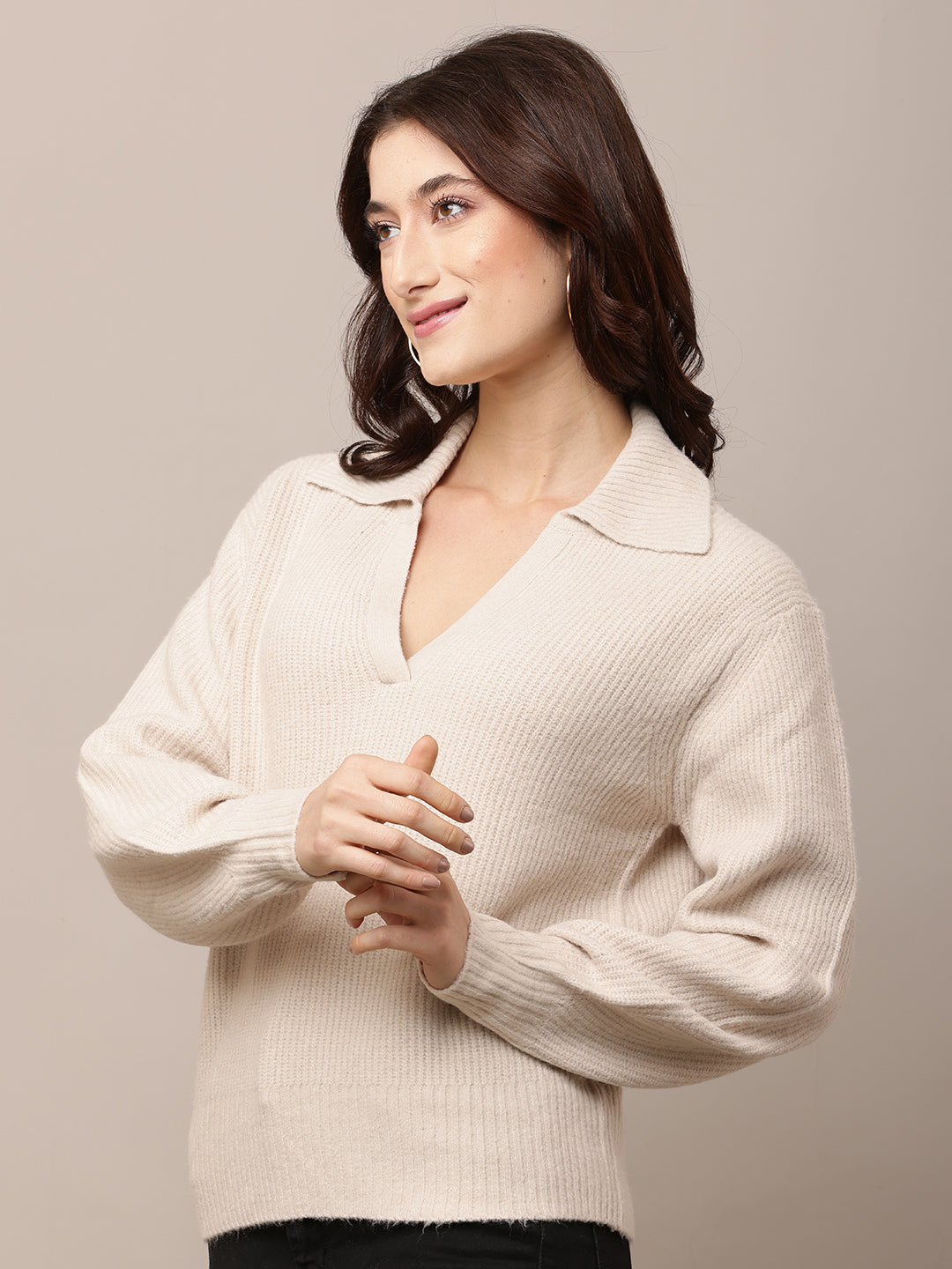 Acrylic Full Sleeve with Shirt Collar V-neck Light Beige Sweater