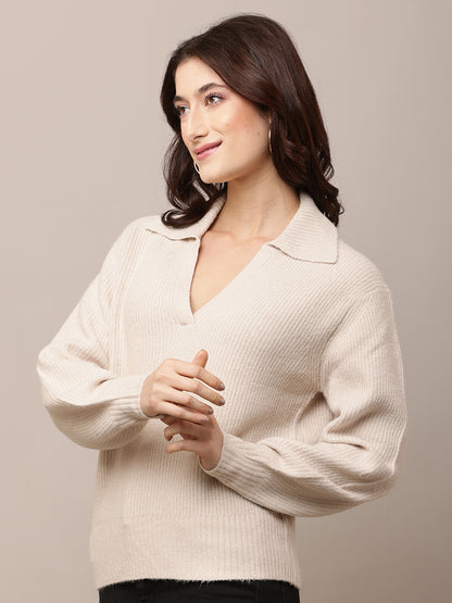 Acrylic Full Sleeve with Shirt Collar V-neck Light Beige Sweater