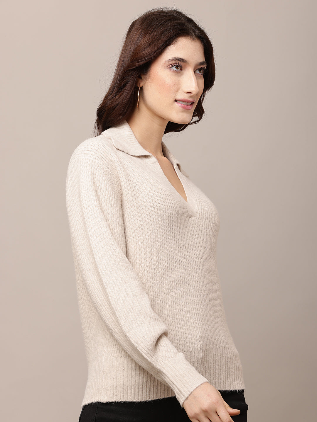 Acrylic Full Sleeve with Shirt Collar V-neck Light Beige Sweater