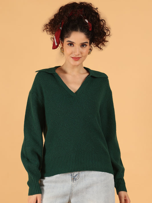Acrylic Full Sleeve Collared V-Neck Sweater – Forest Green