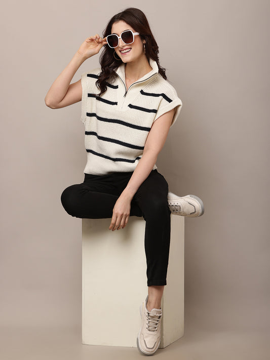 Cotton Cream Striped Sleeveless Knit Sweater
