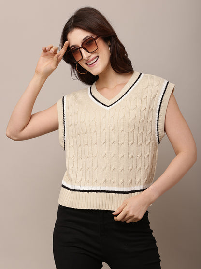 Acrylic V-Neck with Sleeveless Cable-knit Beige Sweater Vest