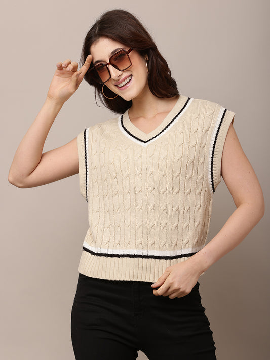 Acrylic V-Neck with Sleeveless Cable-knit Beige Sweater Vest