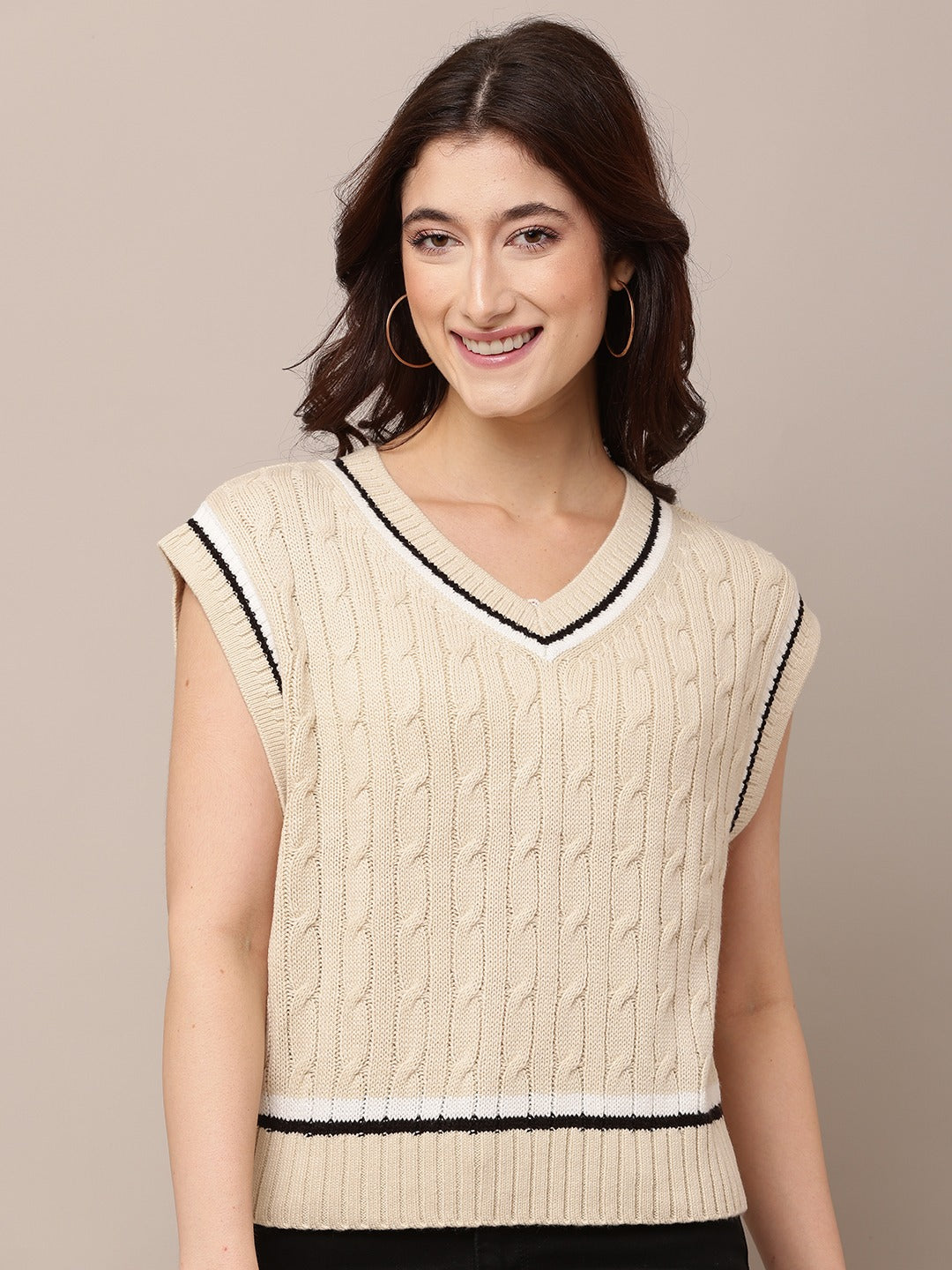 Acrylic V-Neck with Sleeveless Cable-knit Beige Sweater Vest