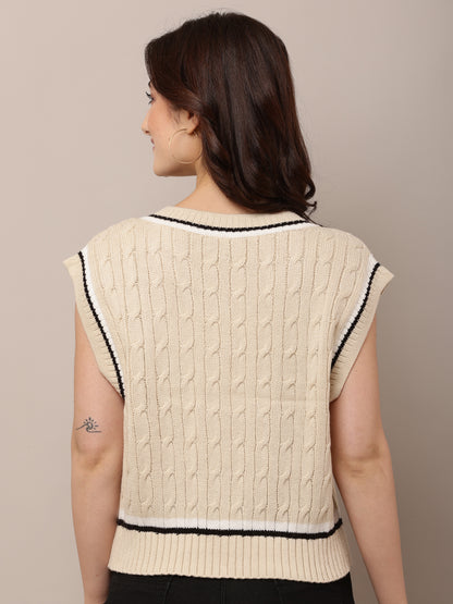 Acrylic V-Neck with Sleeveless Cable-knit Beige Sweater Vest