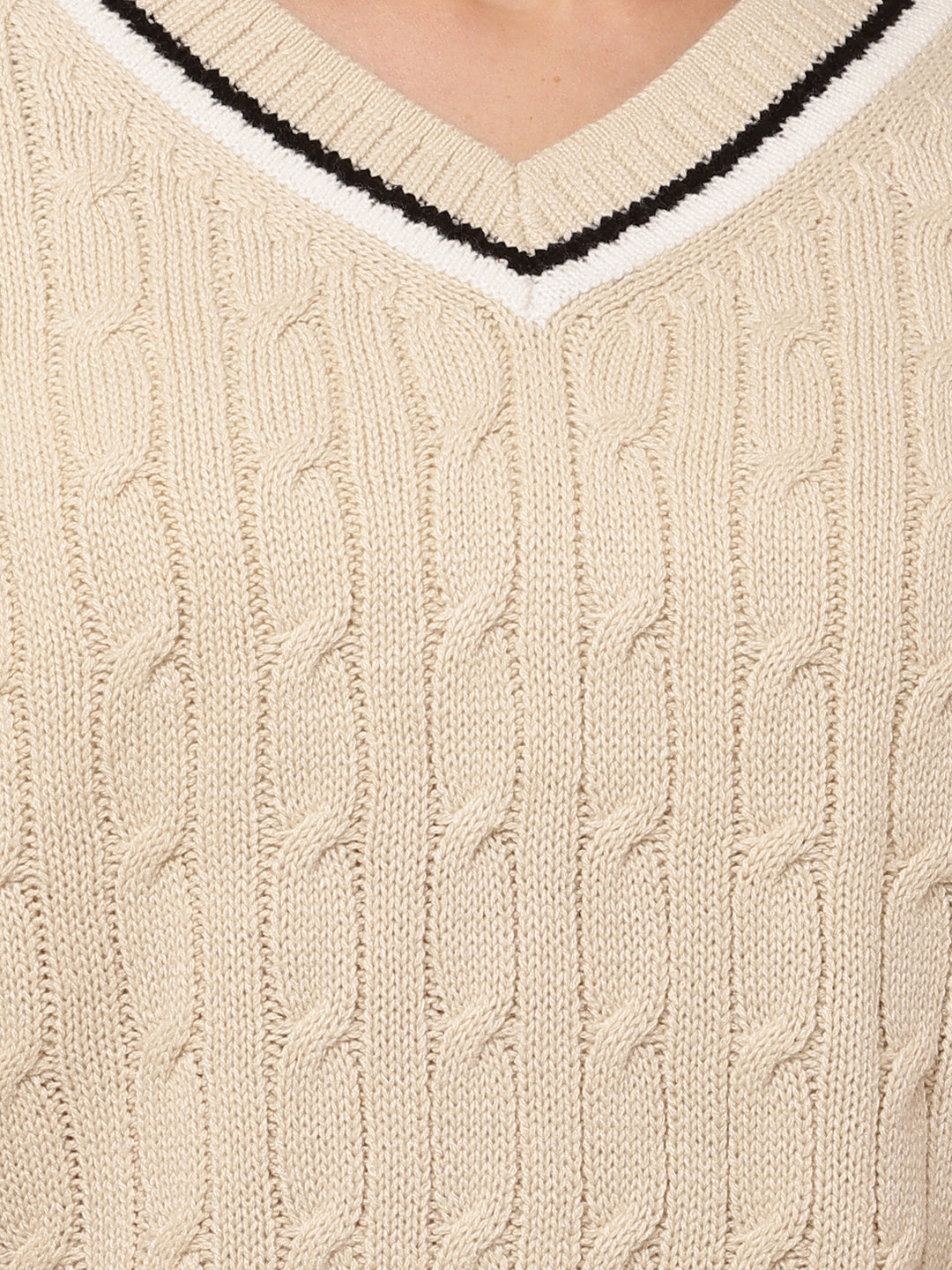 Acrylic V-Neck with Sleeveless Cable-knit Beige Sweater Vest