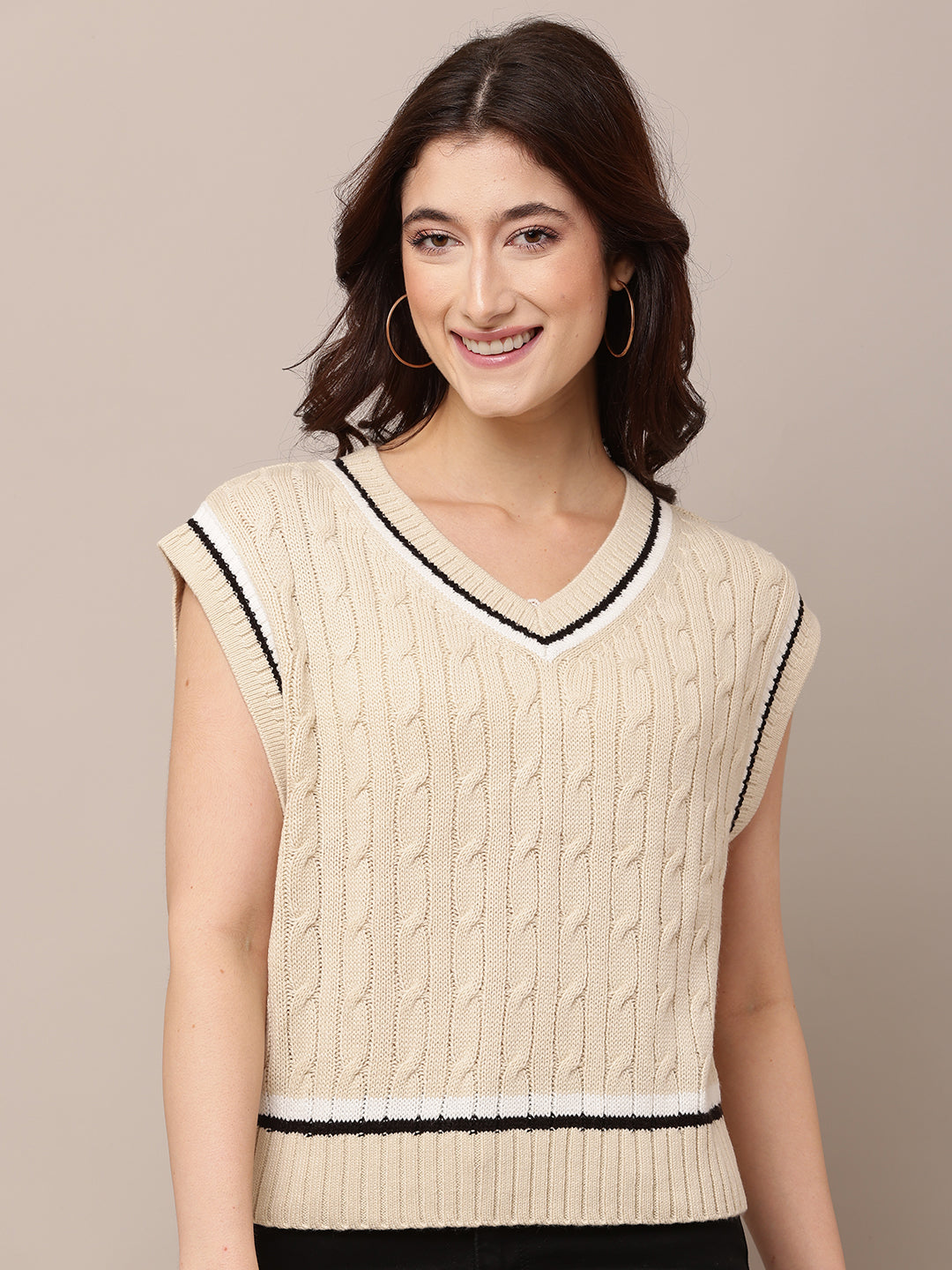 Acrylic V-Neck with Sleeveless Cable-knit Beige Sweater Vest