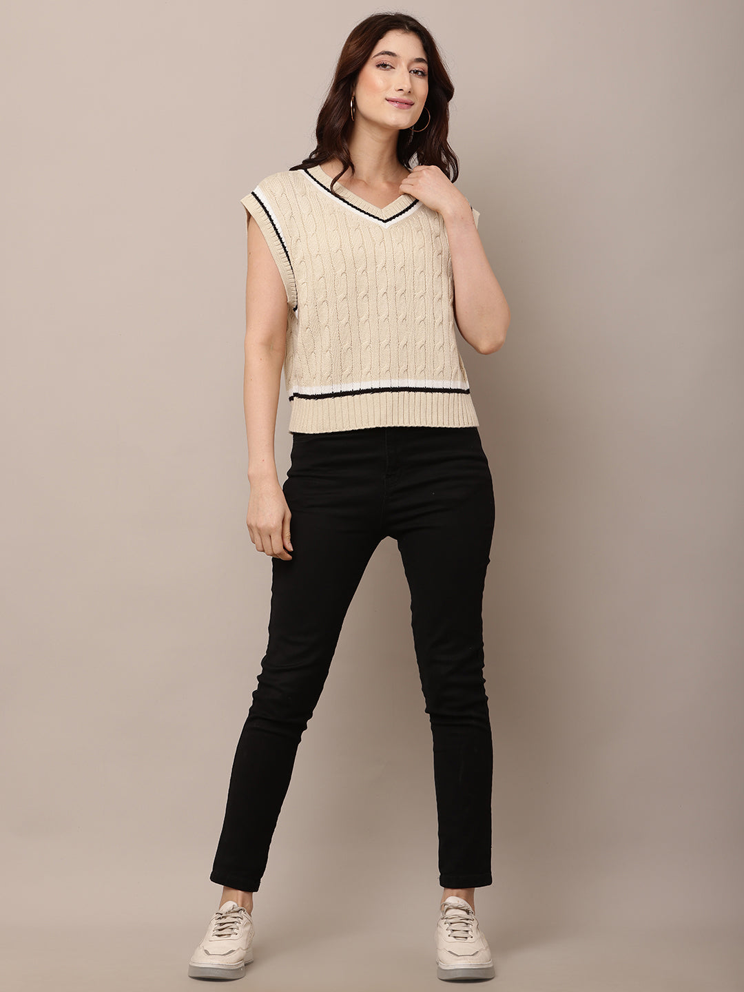 Acrylic V-Neck with Sleeveless Cable-knit Beige Sweater Vest
