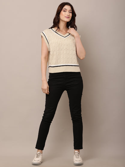 Acrylic V-Neck with Sleeveless Cable-knit Beige Sweater Vest