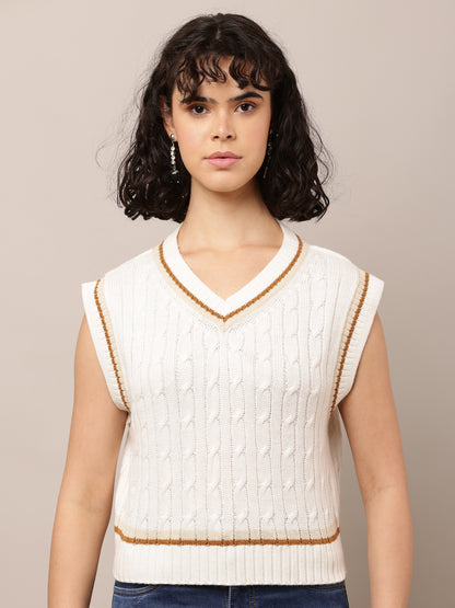 Acrylic V-Neck with Sleeveless Cable-knit White Sweater Vest