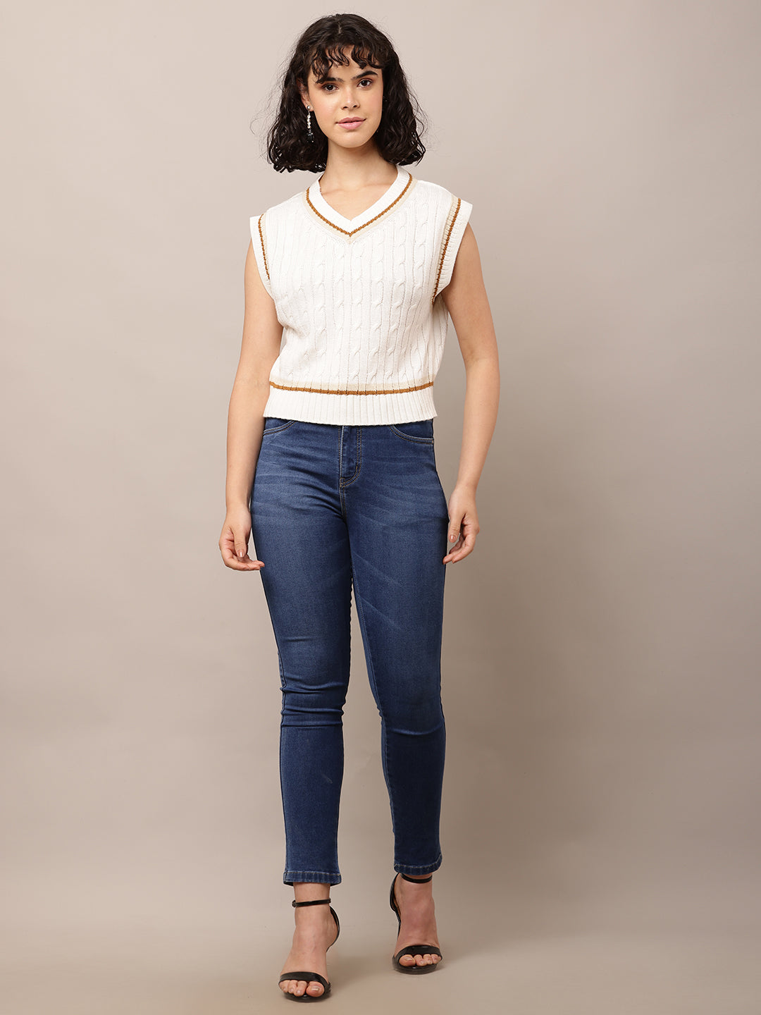 Acrylic V-Neck with Sleeveless Cable-knit White Sweater Vest